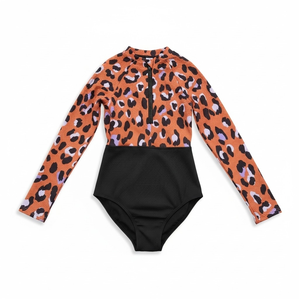 Girls Art Class Black Animal Print Rash Guard 1PC Bathing Suit S 6/7 - NWT